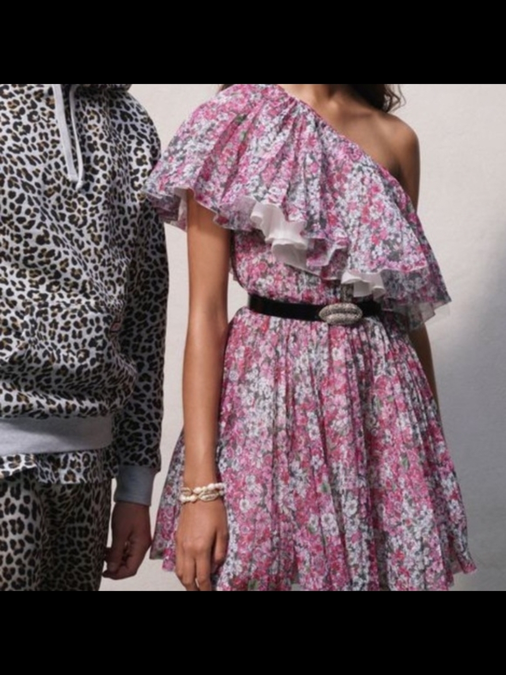 One-Shoulder Pink Floral Ruffle Dress by